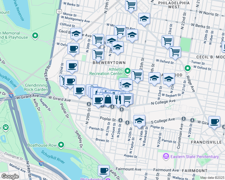 map of restaurants, bars, coffee shops, grocery stores, and more near 2707 West Thompson Street in Philadelphia