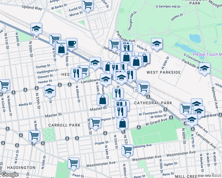 map of restaurants, bars, coffee shops, grocery stores, and more near 1475 North 53rd Street in Philadelphia