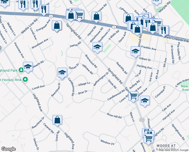 map of restaurants, bars, coffee shops, grocery stores, and more near 2722 Hillview Road in Broomall