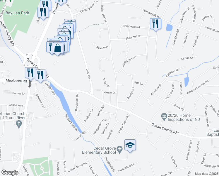 map of restaurants, bars, coffee shops, grocery stores, and more near Alden Drive in Toms River