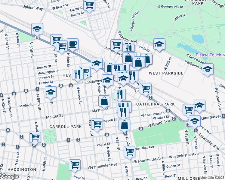 map of restaurants, bars, coffee shops, grocery stores, and more near 1475 North 53rd Street in Philadelphia