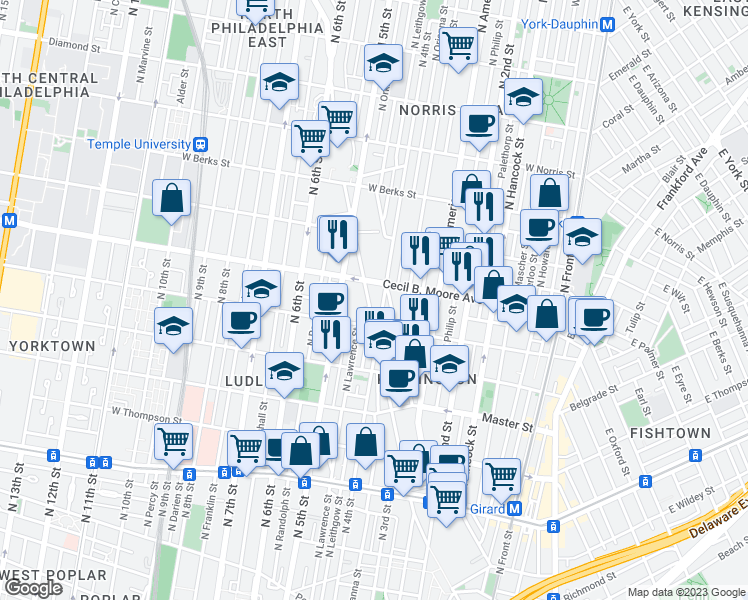 map of restaurants, bars, coffee shops, grocery stores, and more near 1635 Germantown Avenue in Philadelphia