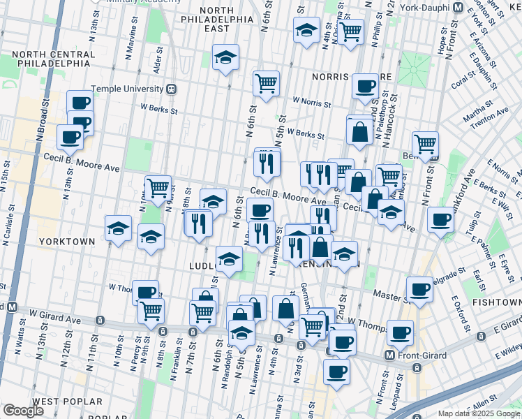 map of restaurants, bars, coffee shops, grocery stores, and more near 1620 North 5th Court in Philadelphia