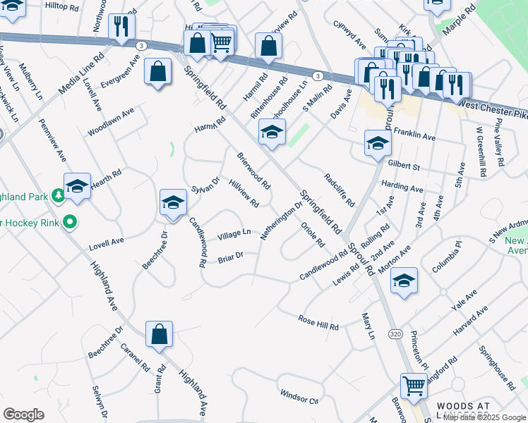 map of restaurants, bars, coffee shops, grocery stores, and more near 2722 Hillview Road in Broomall