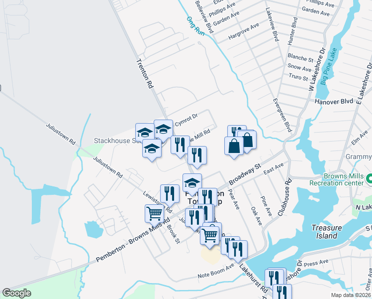 map of restaurants, bars, coffee shops, grocery stores, and more near 140 Trenton Road in Browns Mills