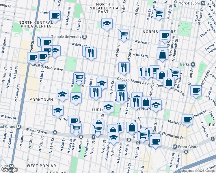 map of restaurants, bars, coffee shops, grocery stores, and more near 1611 North Marshall Street in Philadelphia