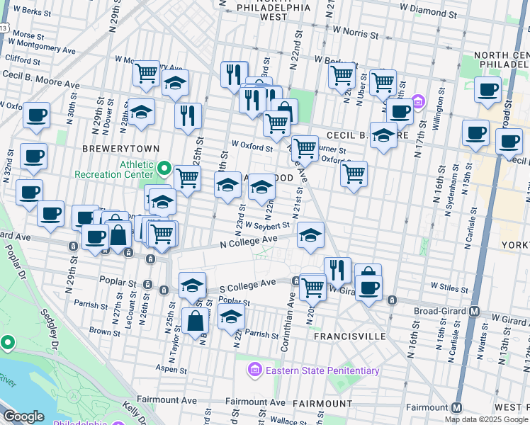 map of restaurants, bars, coffee shops, grocery stores, and more near 1332 North 22nd Street in Philadelphia