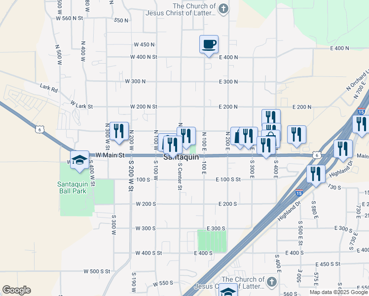 map of restaurants, bars, coffee shops, grocery stores, and more near 80 North Center Street in Santaquin