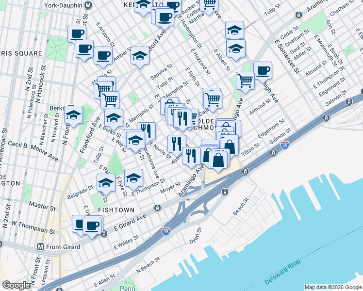 map of restaurants, bars, coffee shops, grocery stores, and more near 2540 East York Street in Philadelphia