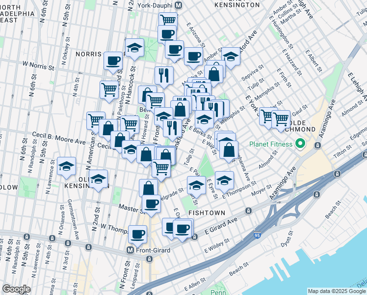 map of restaurants, bars, coffee shops, grocery stores, and more near 1767 Frankford Avenue in Philadelphia