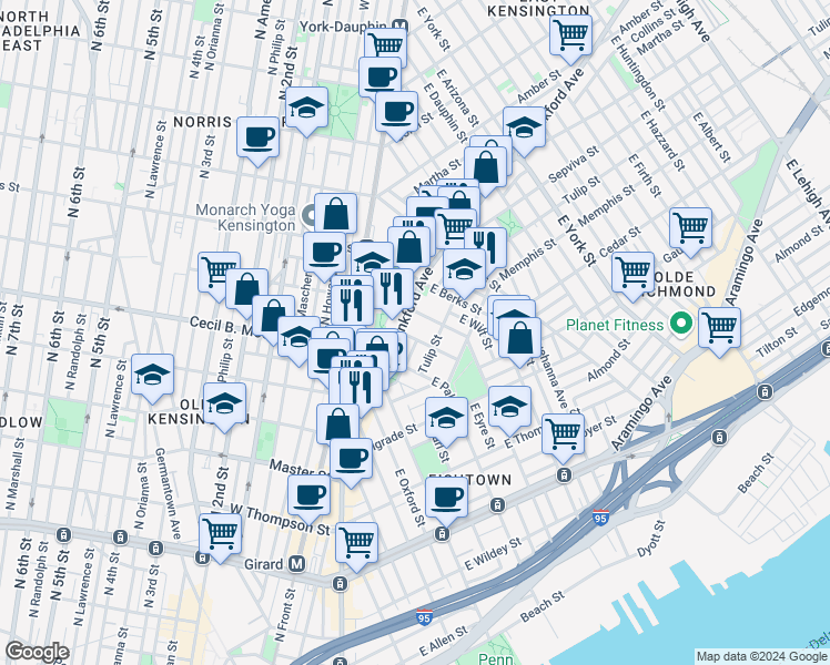 map of restaurants, bars, coffee shops, grocery stores, and more near 1767 Frankford Avenue in Philadelphia