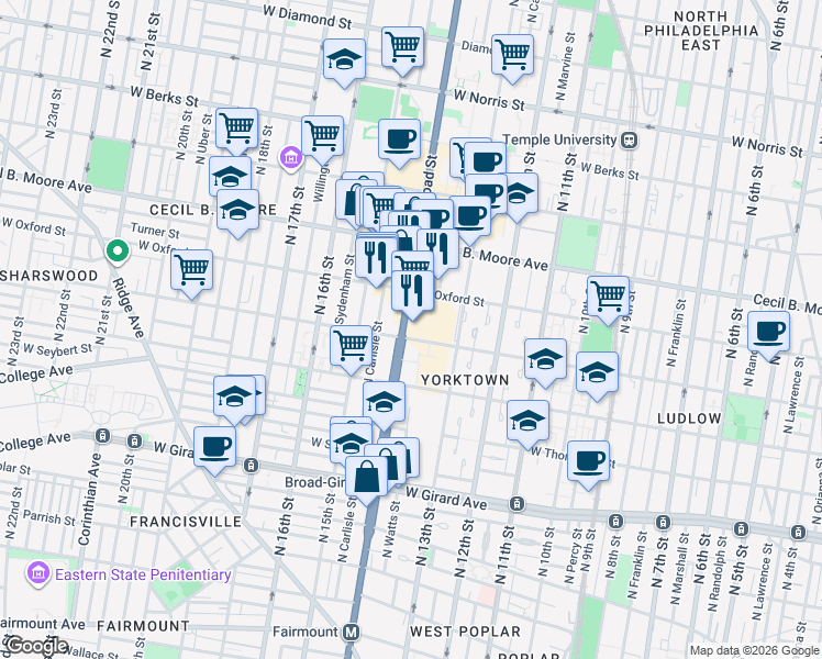 map of restaurants, bars, coffee shops, grocery stores, and more near 1501n North Broad Street in Philadelphia
