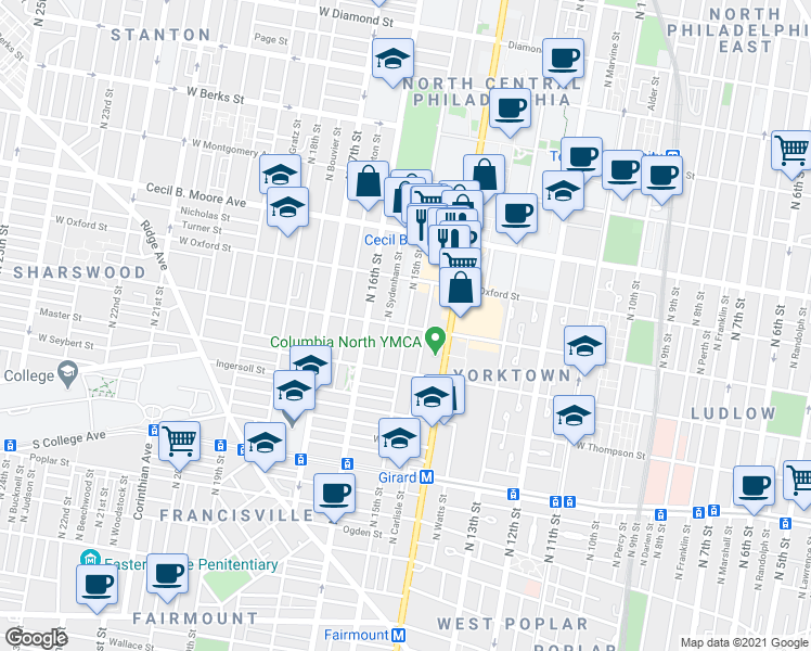 map of restaurants, bars, coffee shops, grocery stores, and more near 1516 North Sydenham Street in Philadelphia