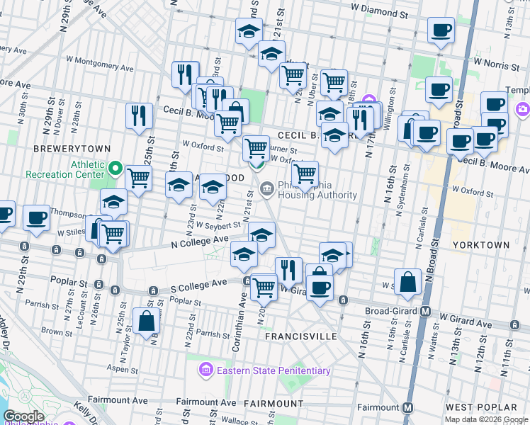map of restaurants, bars, coffee shops, grocery stores, and more near 2046 Ridge Avenue in Philadelphia