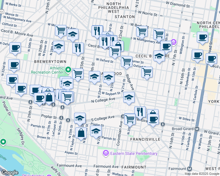 map of restaurants, bars, coffee shops, grocery stores, and more near 1332 North 22nd Street in Philadelphia