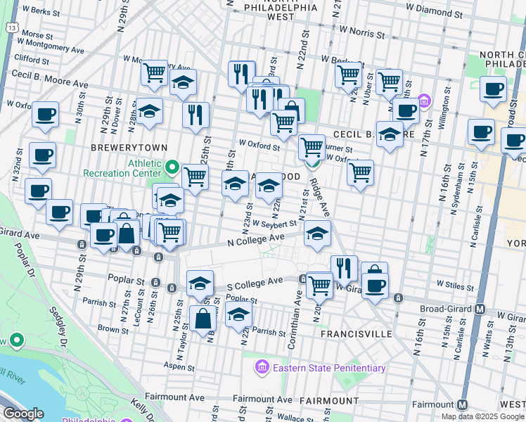 map of restaurants, bars, coffee shops, grocery stores, and more near 2213 Master Street in Philadelphia