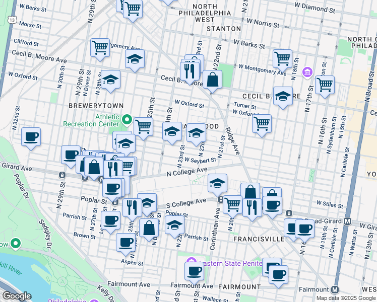 map of restaurants, bars, coffee shops, grocery stores, and more near 2213 Master Street in Philadelphia