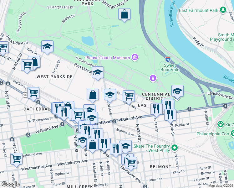 map of restaurants, bars, coffee shops, grocery stores, and more near 4265 Viola Street in Philadelphia