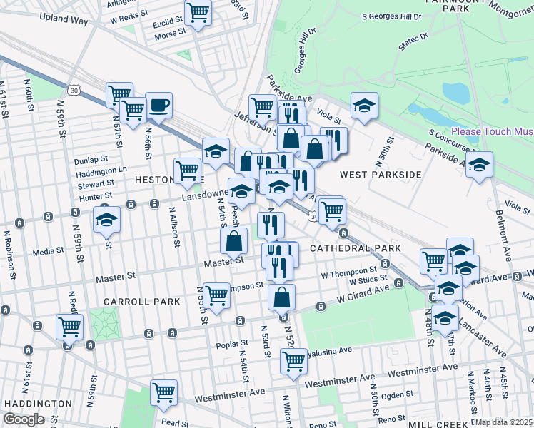 map of restaurants, bars, coffee shops, grocery stores, and more near 1459 North 52nd Street in Philadelphia