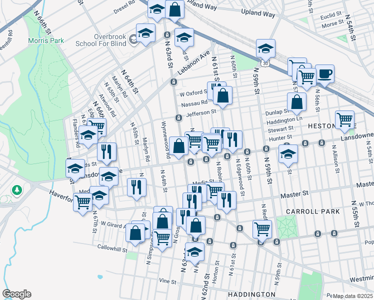 map of restaurants, bars, coffee shops, grocery stores, and more near 818 North 63rd Street in Philadelphia