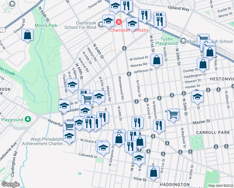 map of restaurants, bars, coffee shops, grocery stores, and more near 836 Wynnewood Road in Philadelphia