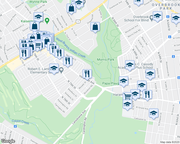map of restaurants, bars, coffee shops, grocery stores, and more near 7322 Ruskin Road in Philadelphia