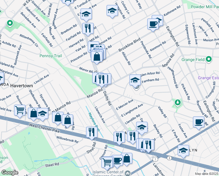 map of restaurants, bars, coffee shops, grocery stores, and more near 530 Twin Oaks Drive in Havertown