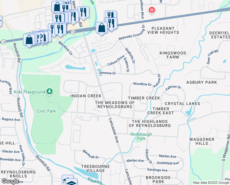 map of restaurants, bars, coffee shops, grocery stores, and more near 347 Jonell Lane in Reynoldsburg