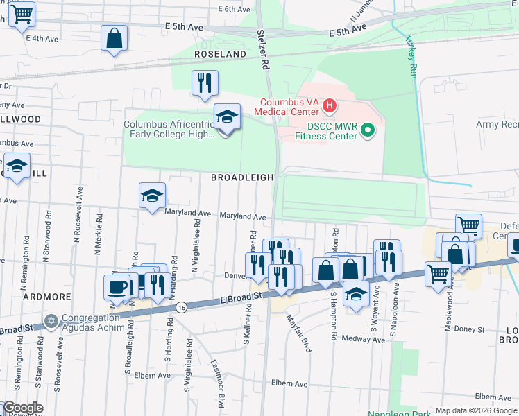 map of restaurants, bars, coffee shops, grocery stores, and more near 212 North Kellner Road in Columbus
