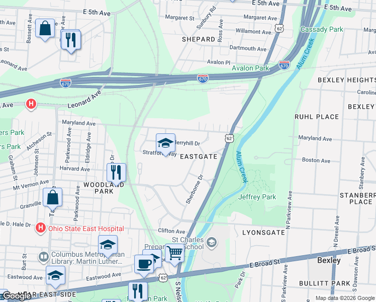 map of restaurants, bars, coffee shops, grocery stores, and more near 1971 Merryhill Drive in Columbus
