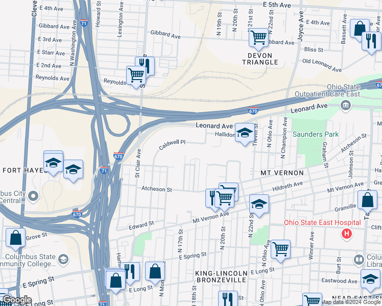 map of restaurants, bars, coffee shops, grocery stores, and more near 1042 Caldwell Place in Columbus