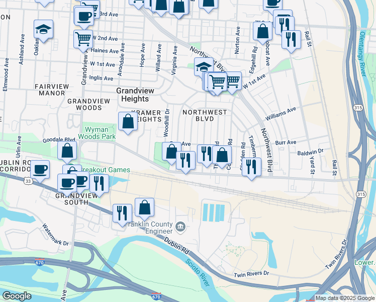 map of restaurants, bars, coffee shops, grocery stores, and more near 870 McClain Road in Columbus