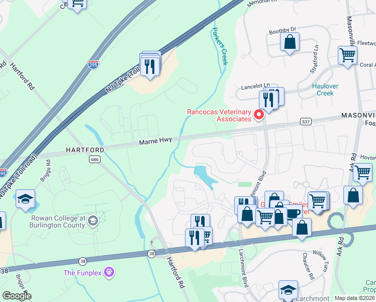 map of restaurants, bars, coffee shops, grocery stores, and more near 7701A Normandy Drive in Mount Laurel Township