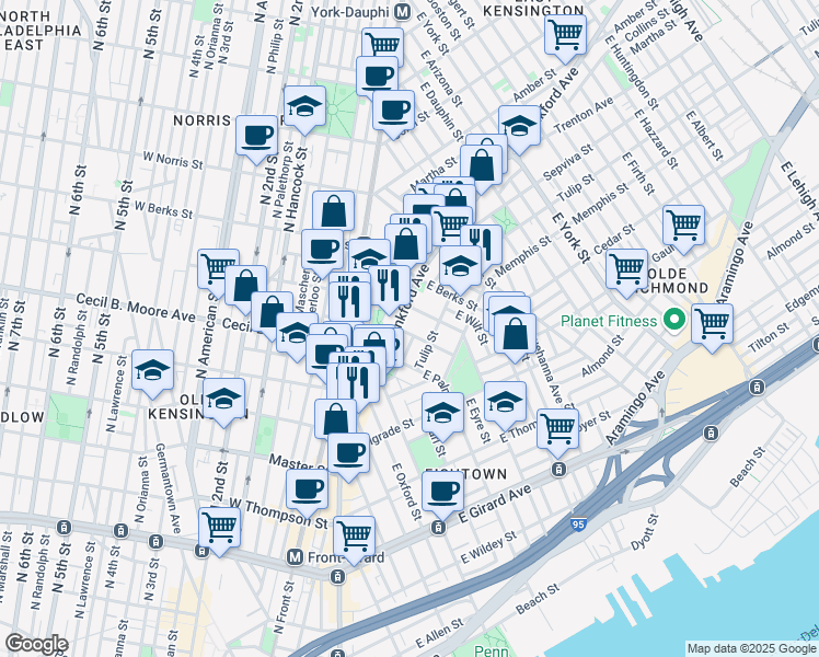 map of restaurants, bars, coffee shops, grocery stores, and more near 1649 East Eyre Street in Philadelphia