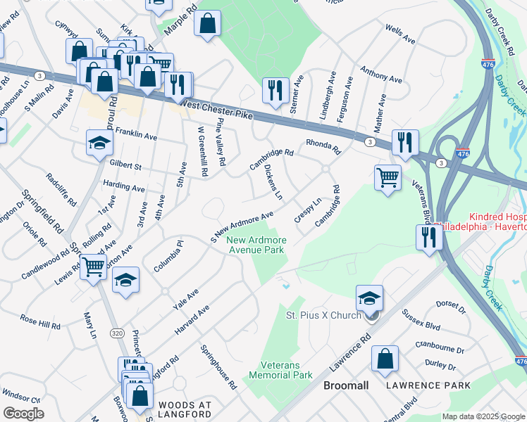 map of restaurants, bars, coffee shops, grocery stores, and more near 112 South New Ardmore Avenue in Broomall
