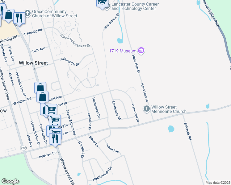 map of restaurants, bars, coffee shops, grocery stores, and more near 308 Wynwood Drive in Willow Street