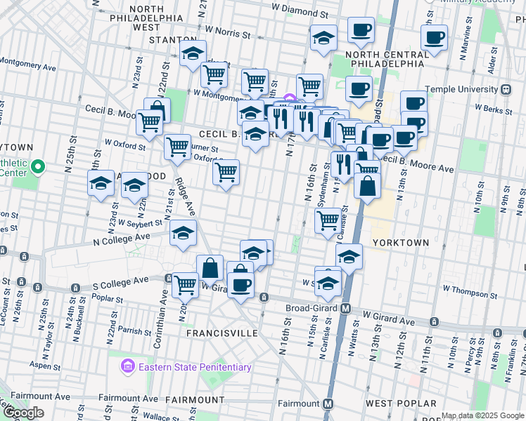 map of restaurants, bars, coffee shops, grocery stores, and more near 1422 North 18th Street in Philadelphia
