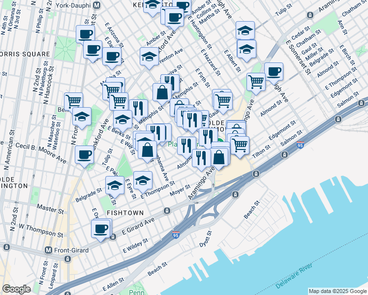 map of restaurants, bars, coffee shops, grocery stores, and more near 2529 East Dauphin Street in Philadelphia