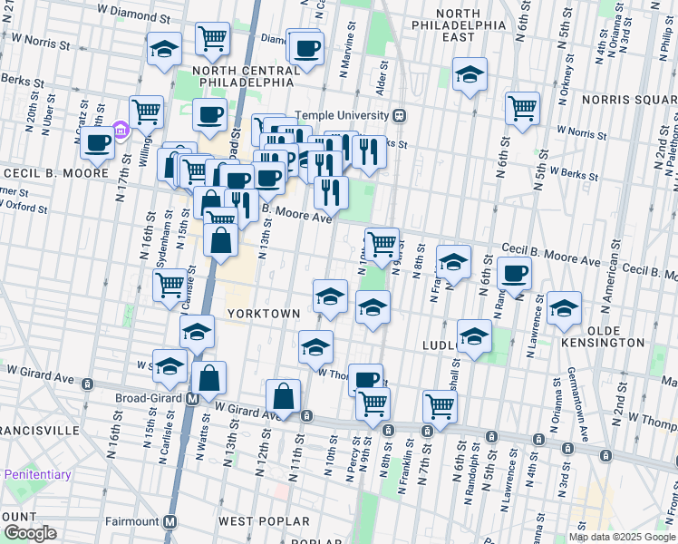 map of restaurants, bars, coffee shops, grocery stores, and more near 1544 North Jefferson Lane in Philadelphia
