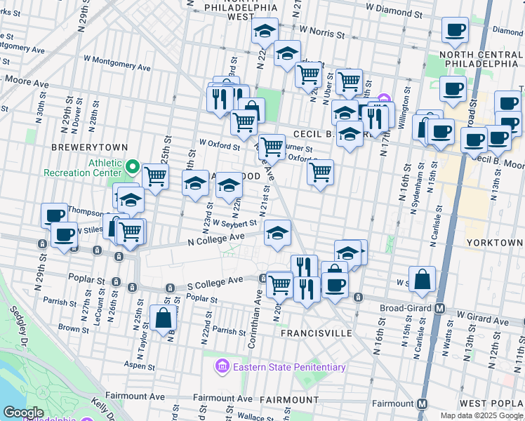 map of restaurants, bars, coffee shops, grocery stores, and more near 2115 Master Street in Philadelphia