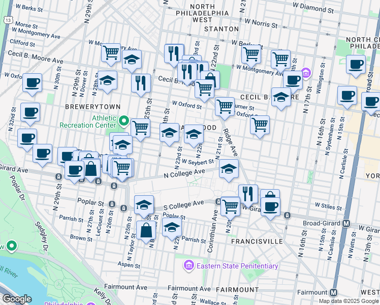 map of restaurants, bars, coffee shops, grocery stores, and more near 2222 W Master St in Philadelphia