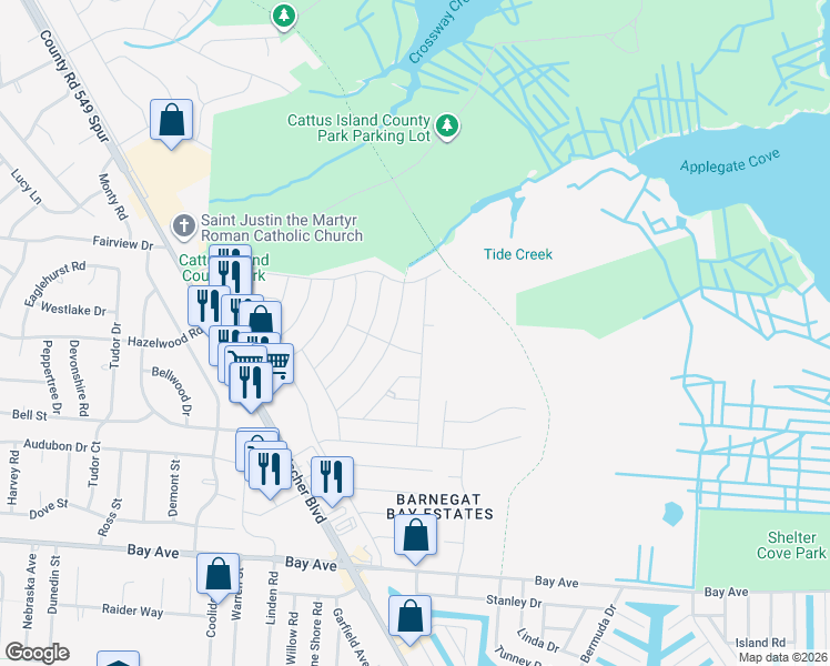 map of restaurants, bars, coffee shops, grocery stores, and more near 941 Harrison Road in Toms River