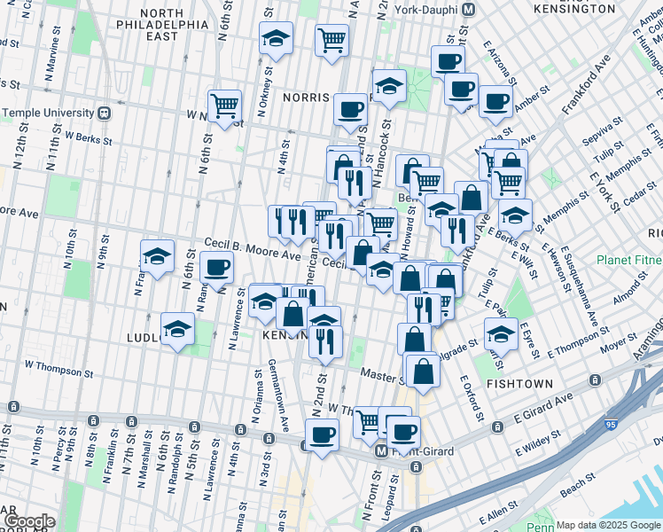 map of restaurants, bars, coffee shops, grocery stores, and more near in Philadelphia