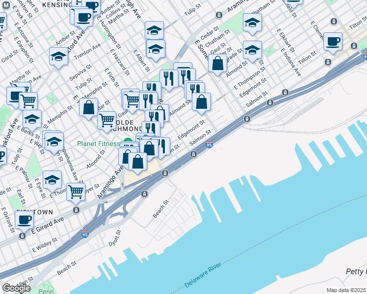 map of restaurants, bars, coffee shops, grocery stores, and more near 2724 East Huntingdon Street in Philadelphia