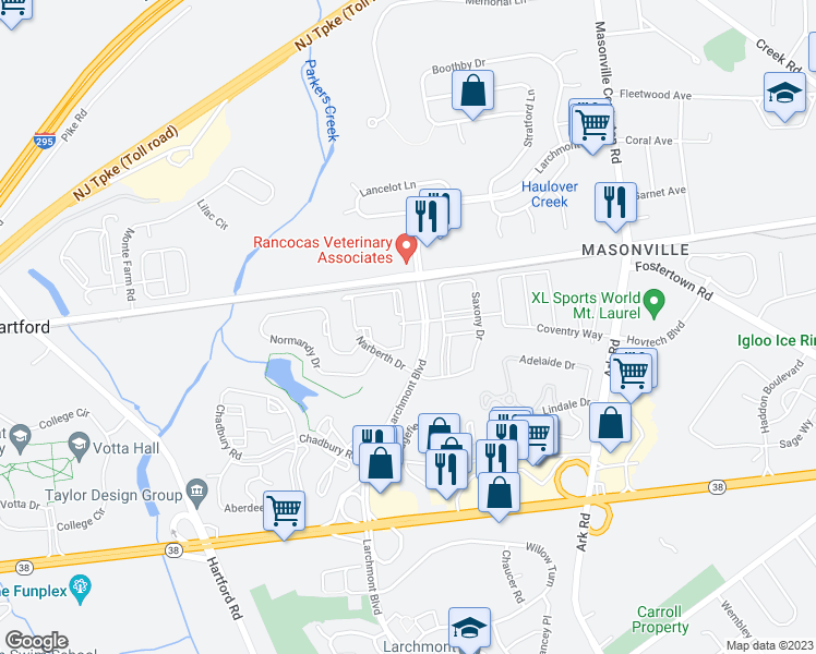 map of restaurants, bars, coffee shops, grocery stores, and more near 147 Larchmont Place in Mount Laurel