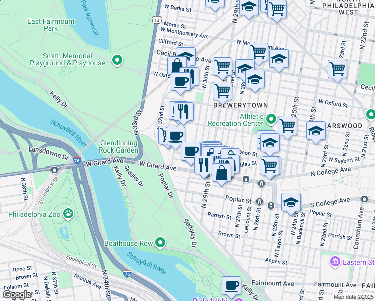 map of restaurants, bars, coffee shops, grocery stores, and more near 3014 West Cabot Street in Philadelphia