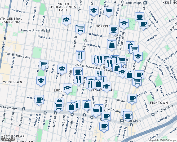 map of restaurants, bars, coffee shops, grocery stores, and more near 1635 Germantown Avenue in Philadelphia