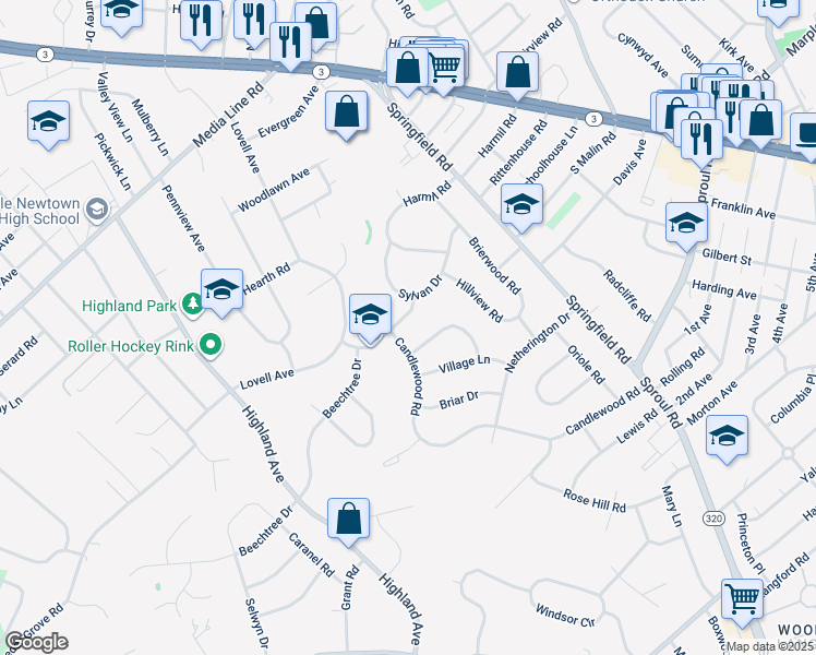 map of restaurants, bars, coffee shops, grocery stores, and more near 209 Parkview Drive in Broomall
