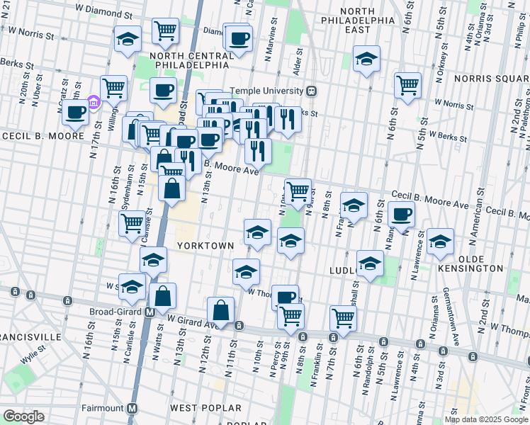 map of restaurants, bars, coffee shops, grocery stores, and more near 1544 North Jefferson Lane in Philadelphia