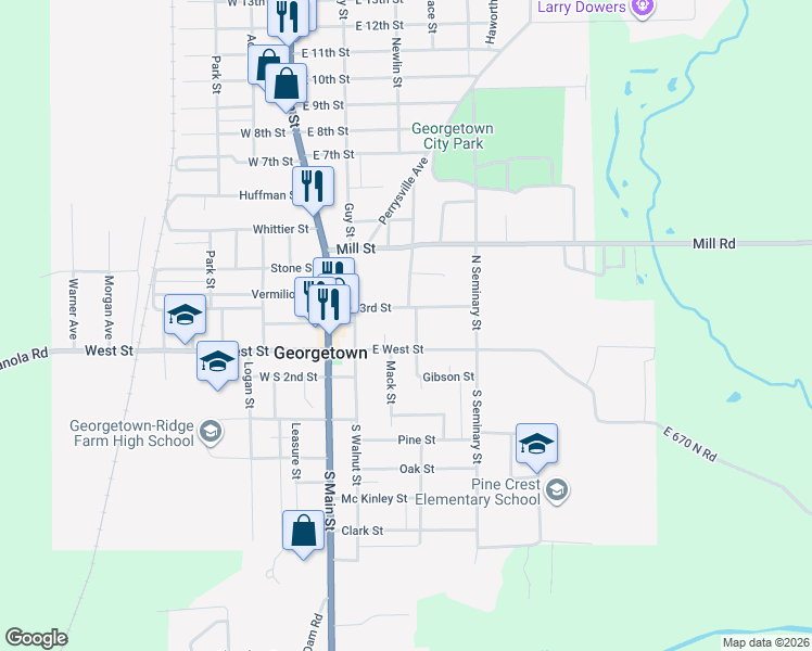 map of restaurants, bars, coffee shops, grocery stores, and more near 222 East North 3rd Street in Georgetown